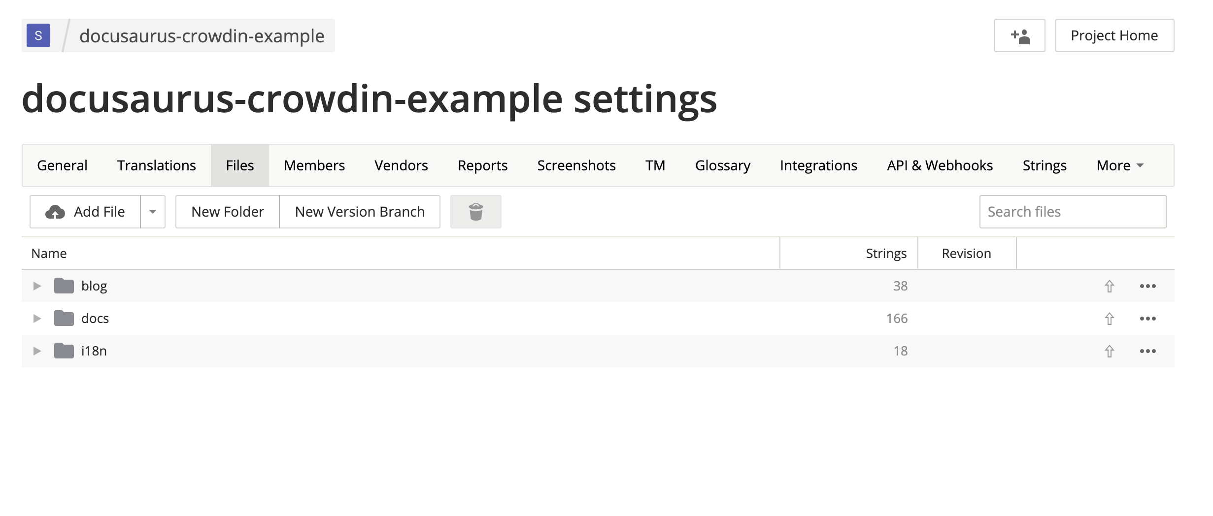 도큐사우루스 원본 파일을 표시하는 Crowdin UI