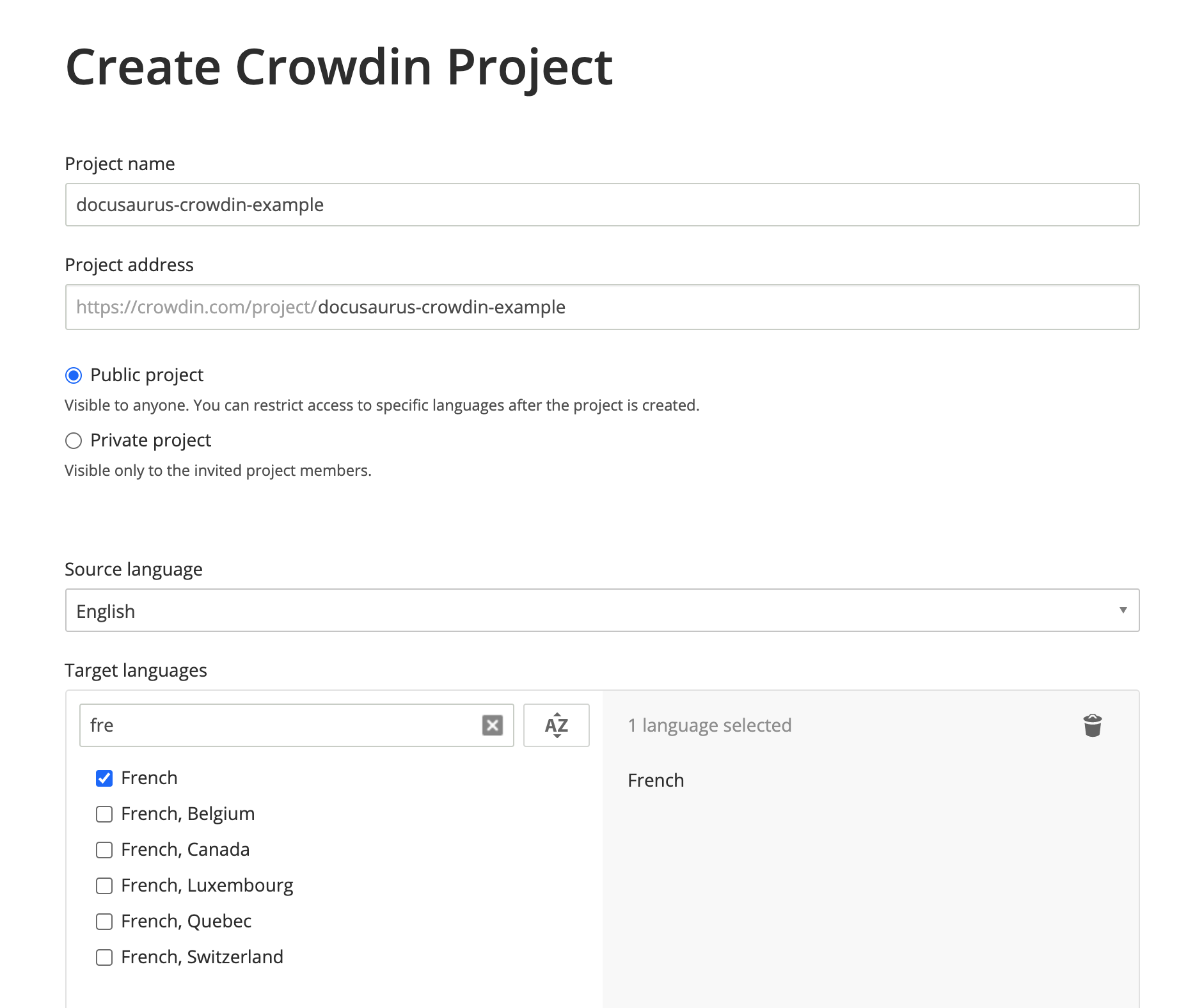 创建一个 Crowdin 项目，将英语作为源语言，简体中文设为目标语言