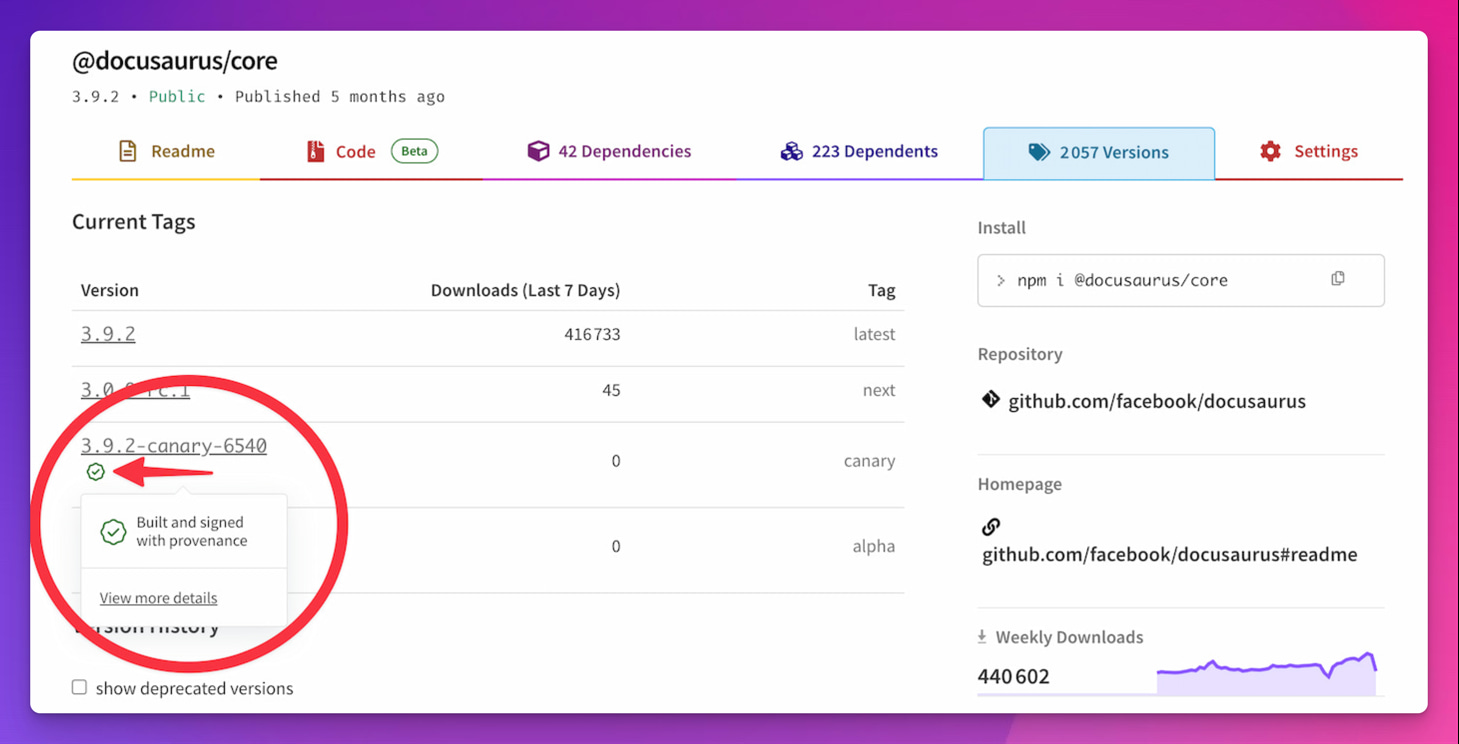 版本号下方显示 npm 信任发布对勾标记